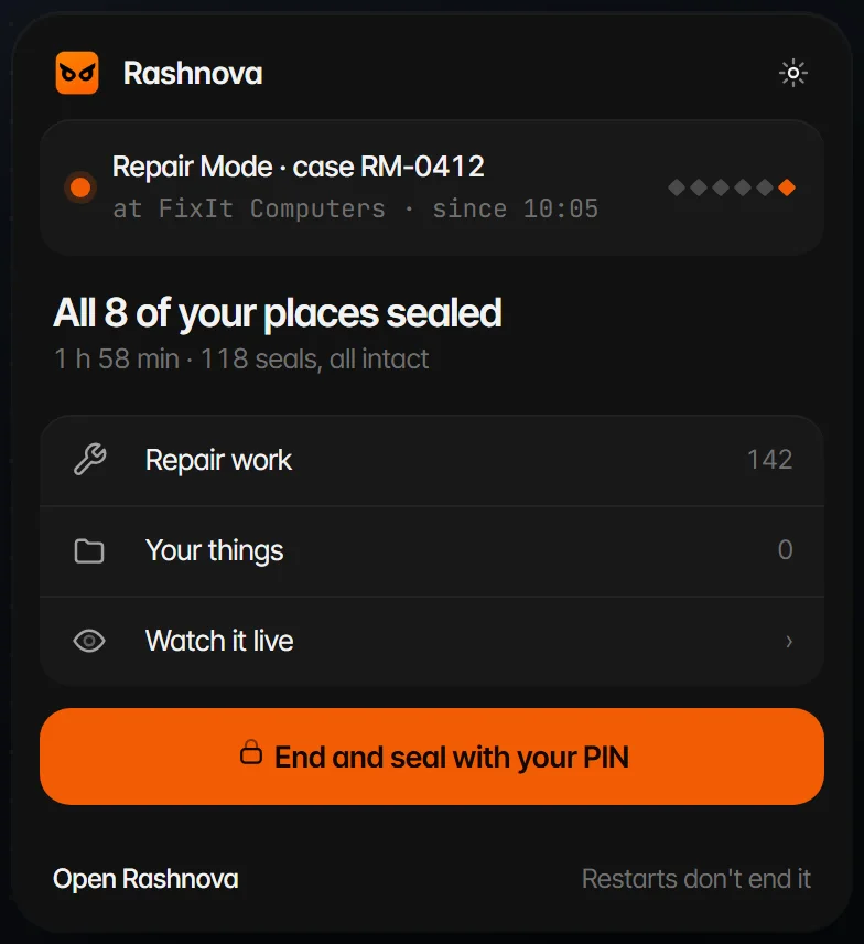 The tray's quick panel during Repair Mode: the session, and ending it with your PIN